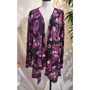 Aqua Blues Floral Sheer Mesh Open Asymmetrical Cardigan Topper Size 2X Beach